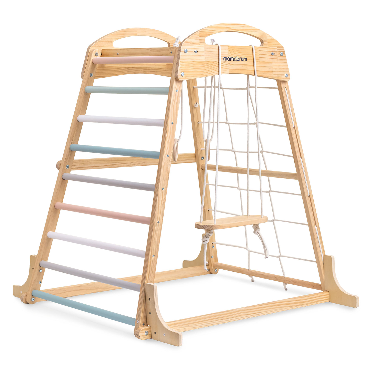 Дървена закрита детска площадка с люлка, гимнастически халки и мрежа за катерене