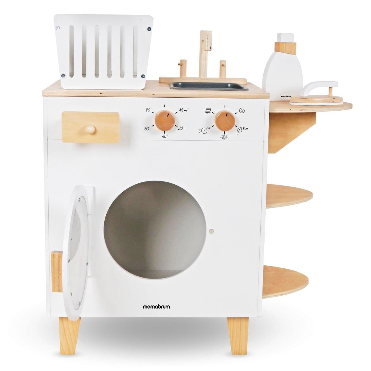 Дървена перална машина с ютия, кош и перилна течност