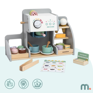 Голям дървен сладоледен салон с магнитна дъска, кафе машина и комплект за сладолед и десерти - над 70 части!