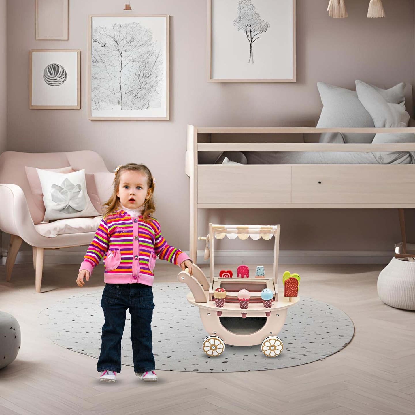 Дървен сладоледен салон за деца - количка на колела с аксесоари