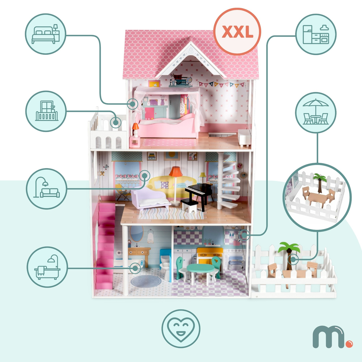 XXL Най-голямата дървена къща за кукли - 123 см - LED осветление - тераса, аксесоари, градина