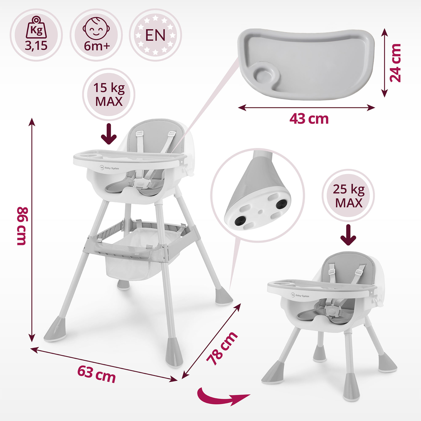 Moby-System Magnolia 2 в 1 регулируемо столче за хранене - сиво