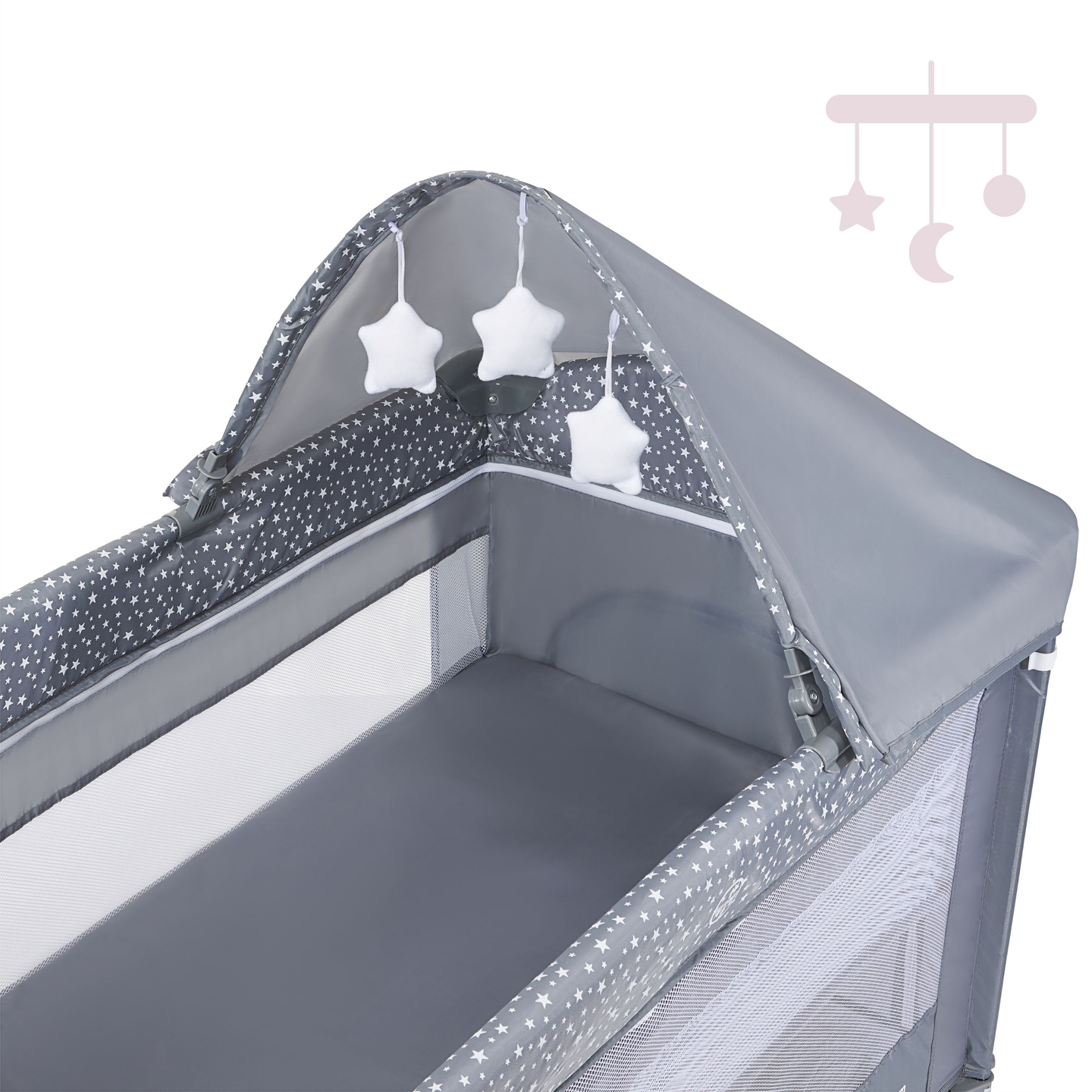 Детска кошара / кошара 2 нива с маса за повиване, покрив и матрак Happy Traveler BASIC PLUS - сива