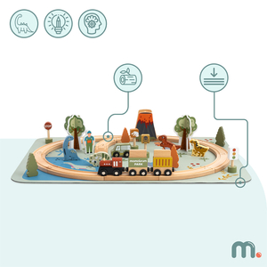 Дървено влакче Дино Парк с противоплъзгаща постелка - динозаври, влакче, релси, вулкан, камбана