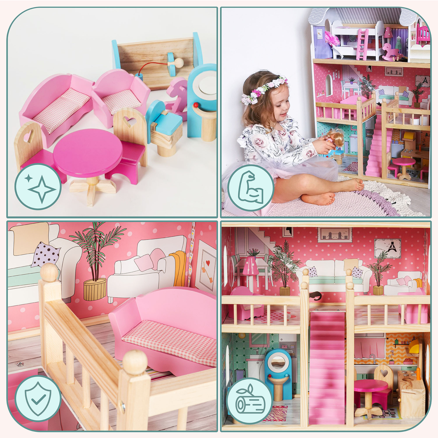 Голяма дървена 3-етажна къща за кукли с тераса, комплект мебели и LED осветление!