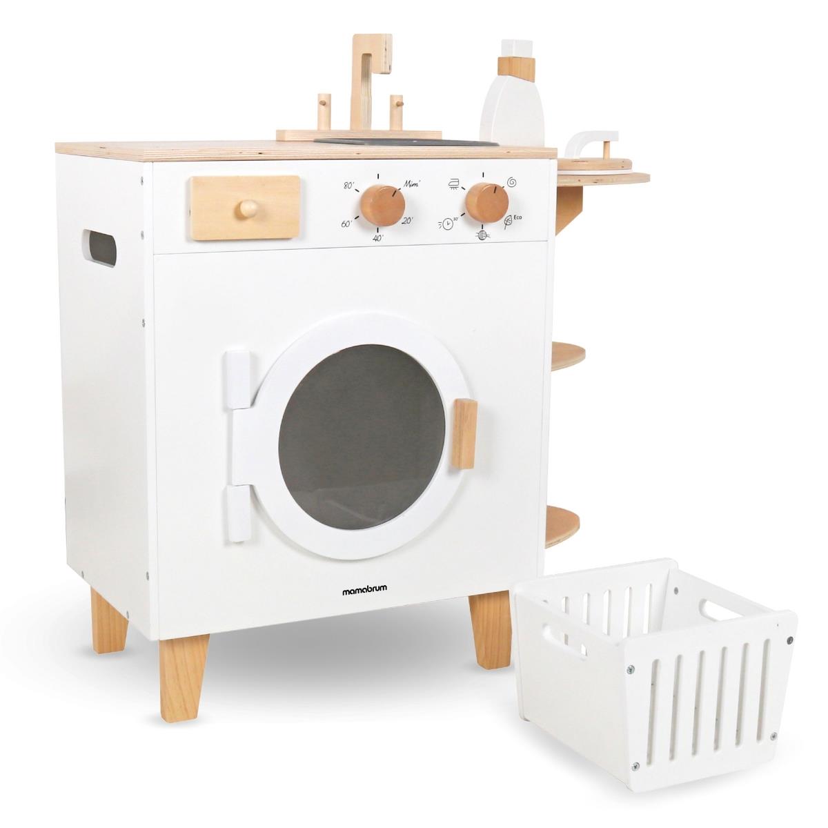 Дървена перална машина с ютия, кош и перилна течност