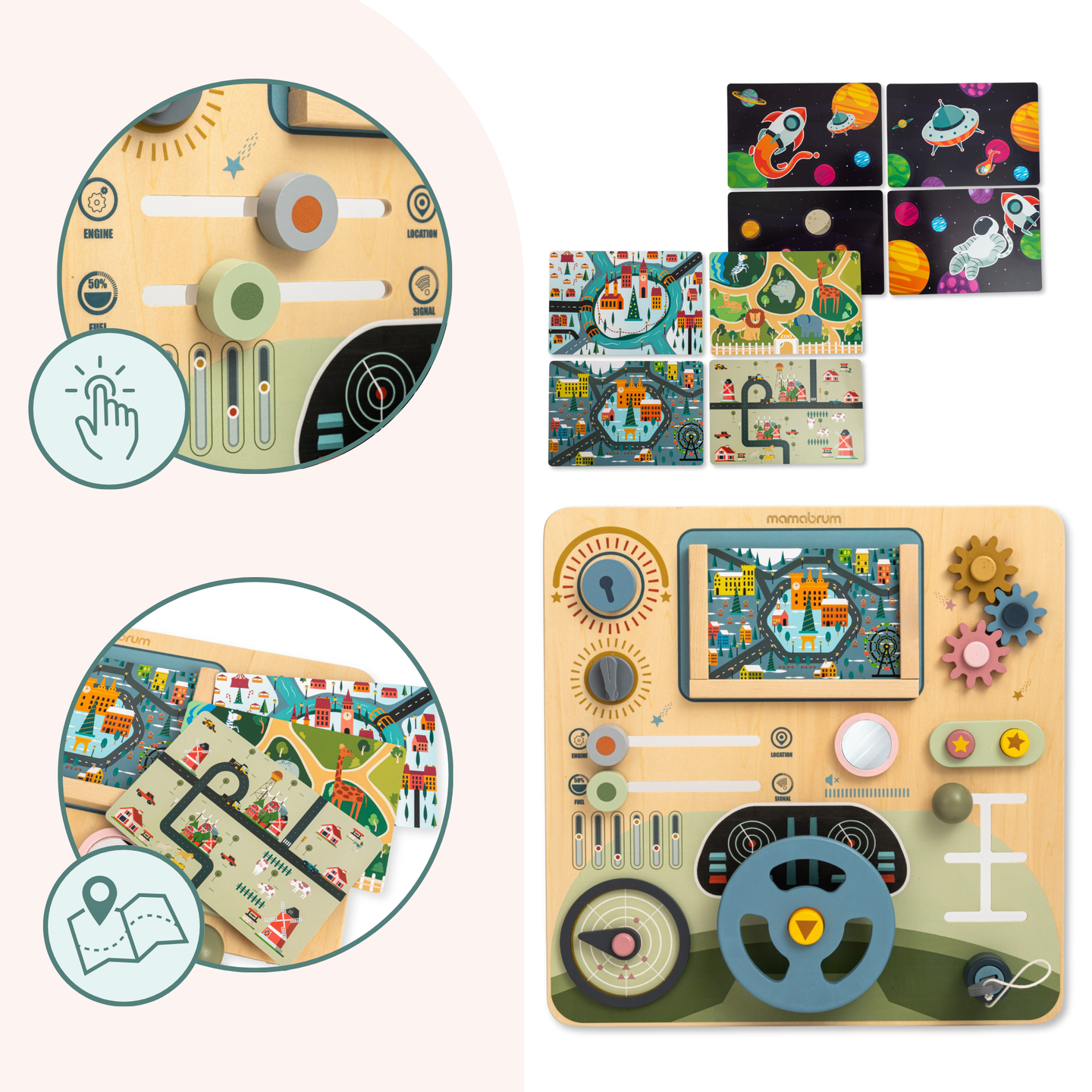 Дървена Монтесори дъска 2 в 1 Кокпит за малкия шофьор и пилот – волан, скоростен лост, карти за пътуване, радар