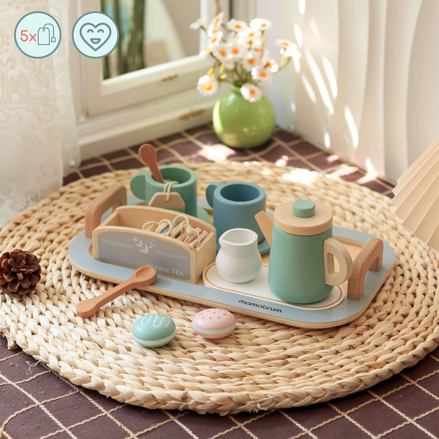 Голям дървен комплект за чай с поднос - 18 артикула