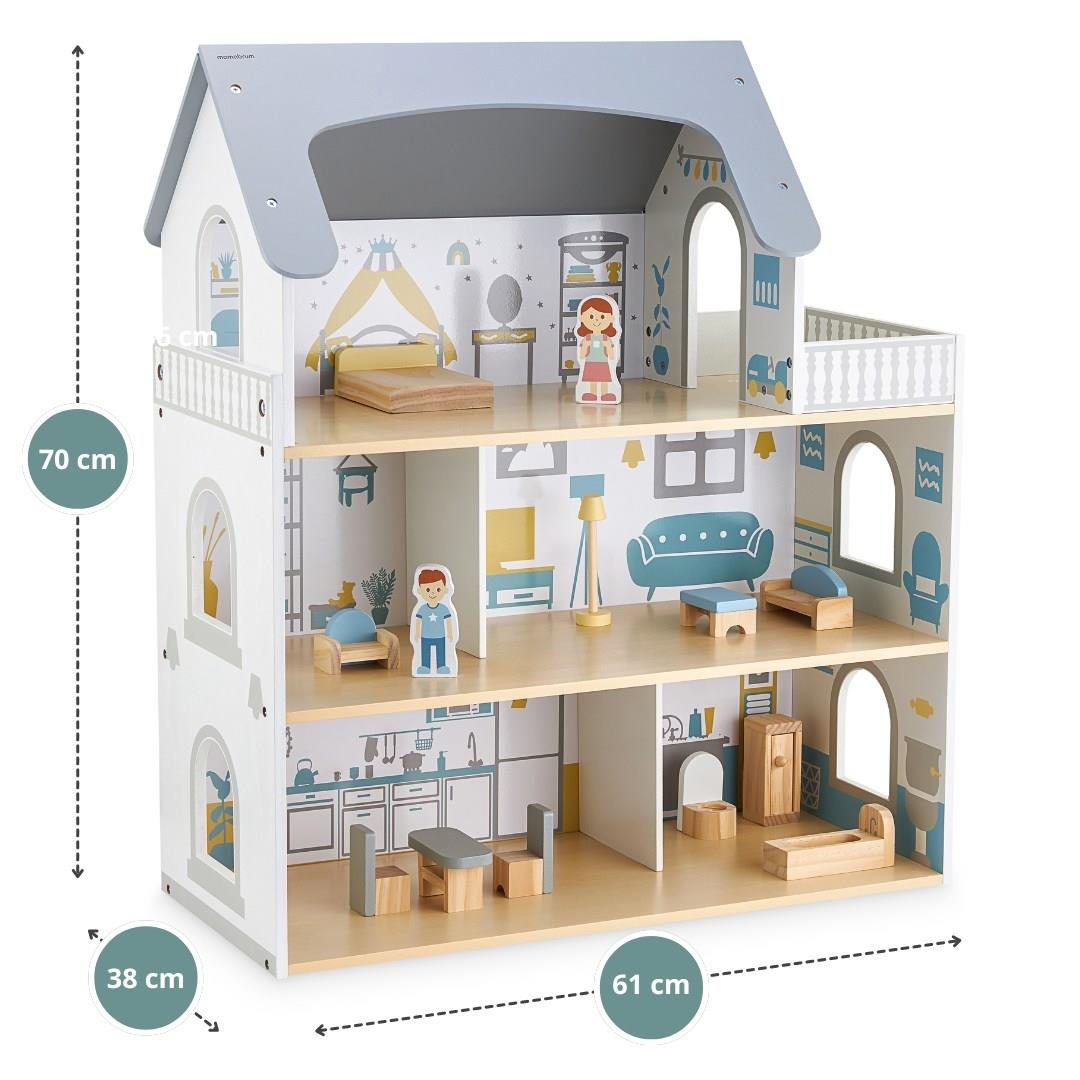 Бяла дървена къща за кукли с тераса и аксесоари