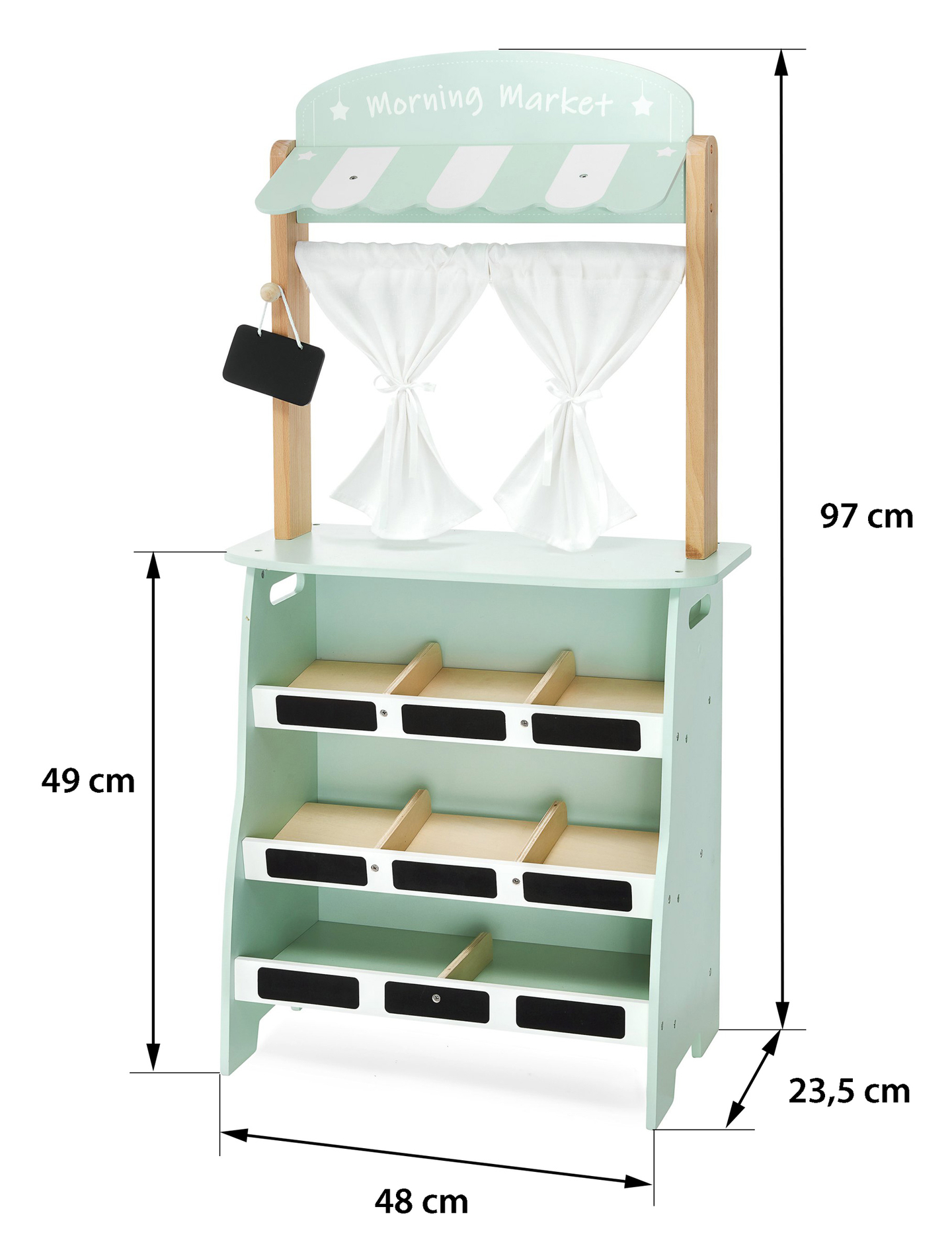 Голям дървен магазин - сергия и театър 2 в 1 с везна, терминал за плащане, плодове и зеленчуци