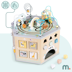 Голям дървен образователен куб - играчка Монтесори с магнитно влакче и моторни примки