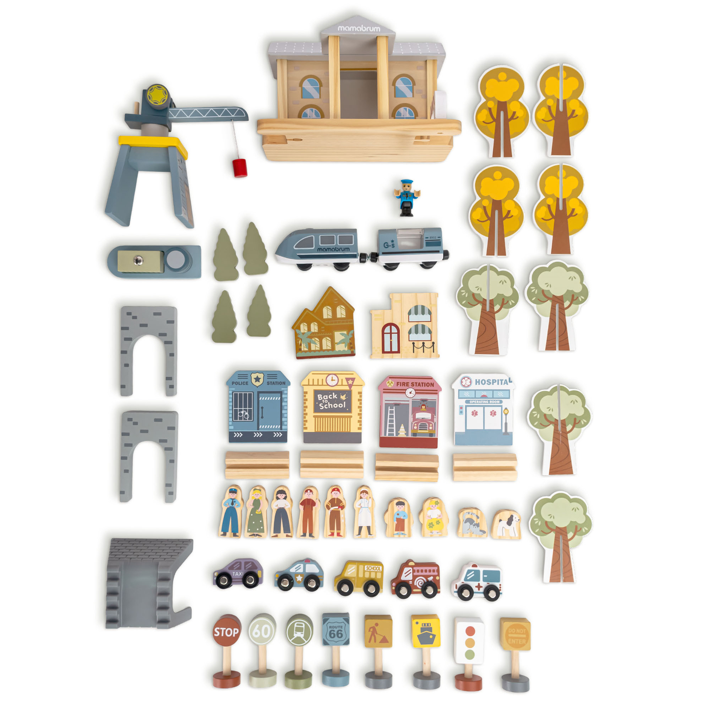 Дървена градска железница с електрически влак - движещ се кран, кораб, мостове