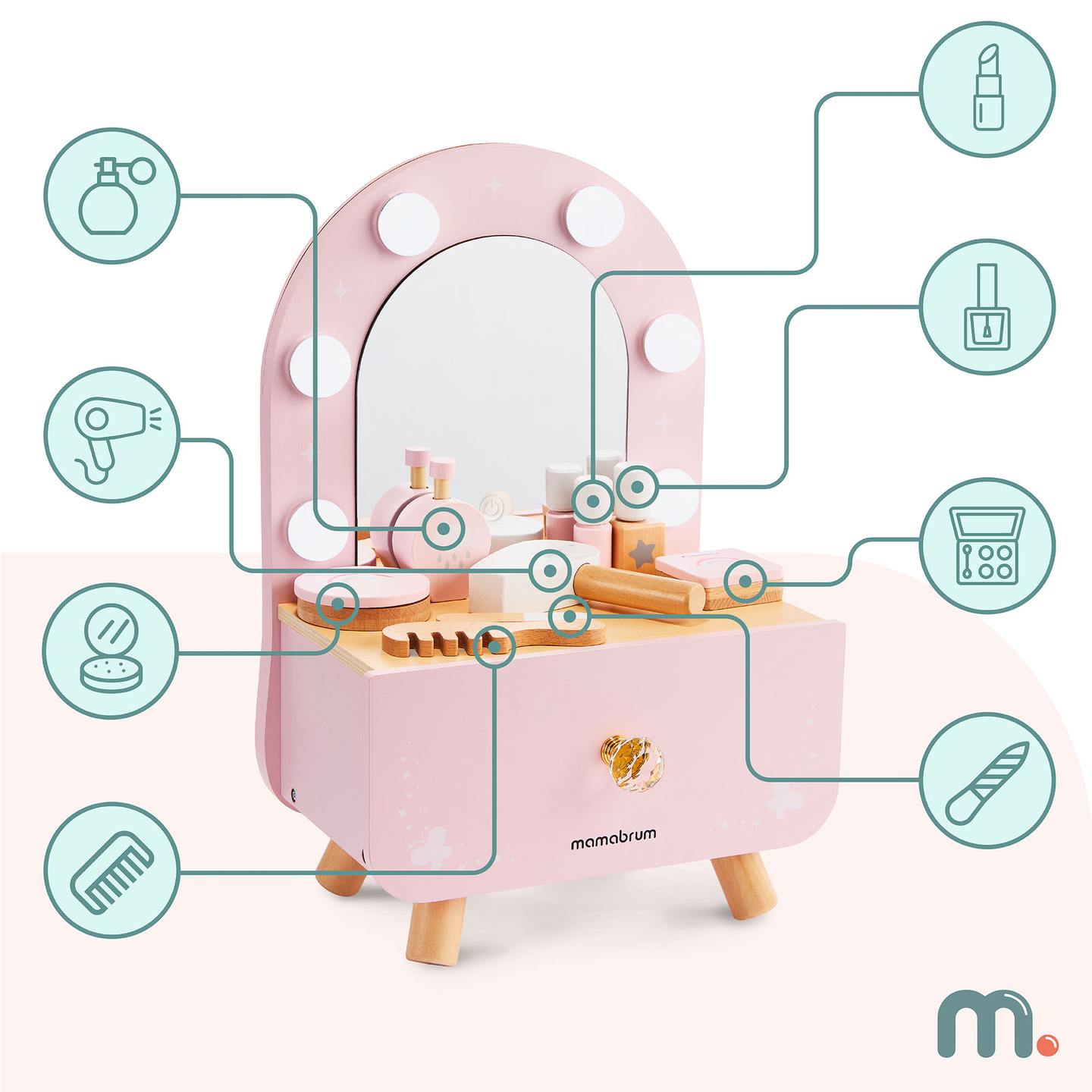 Дървена мини тоалетка за деца с аксесоари и LED осветление с плавно регулиране на яркостта