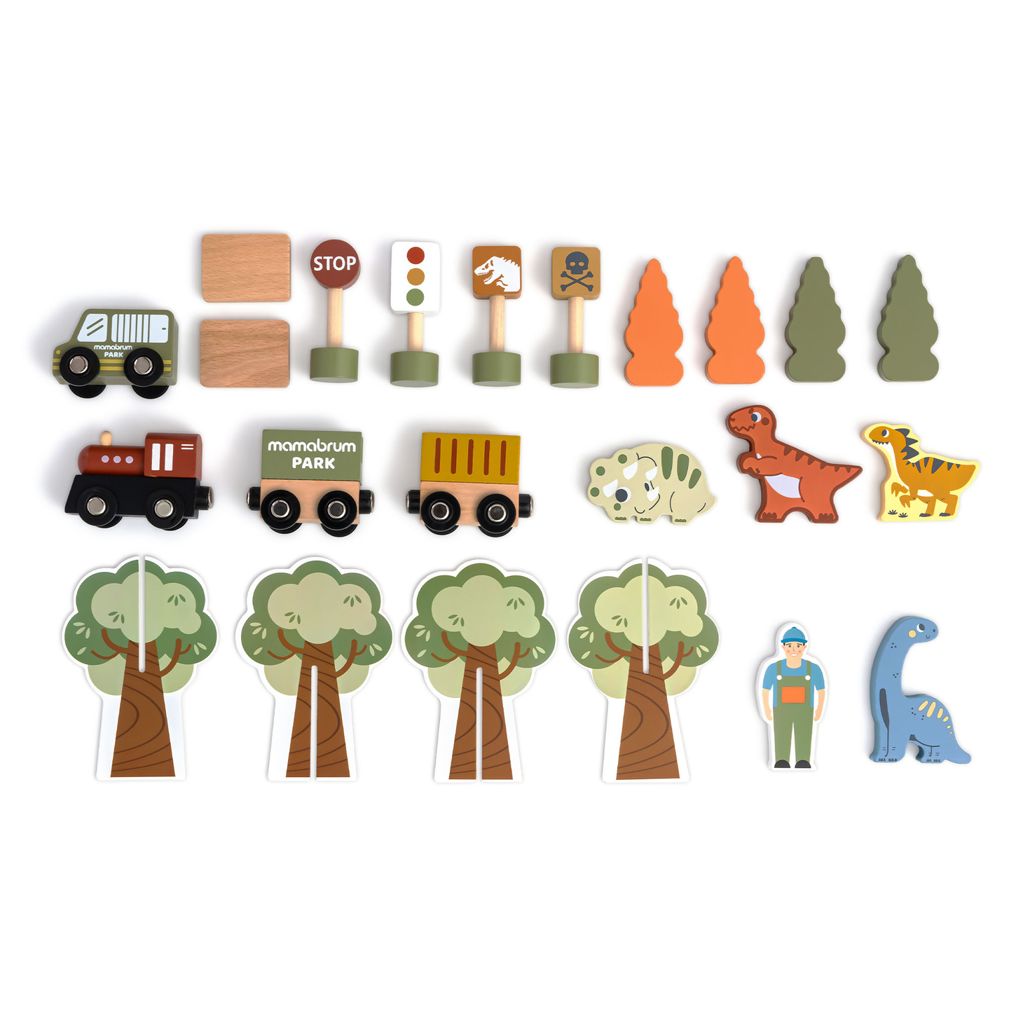 Дървено влакче Дино Парк с противоплъзгаща постелка - динозаври, влакче, релси, вулкан, камбана