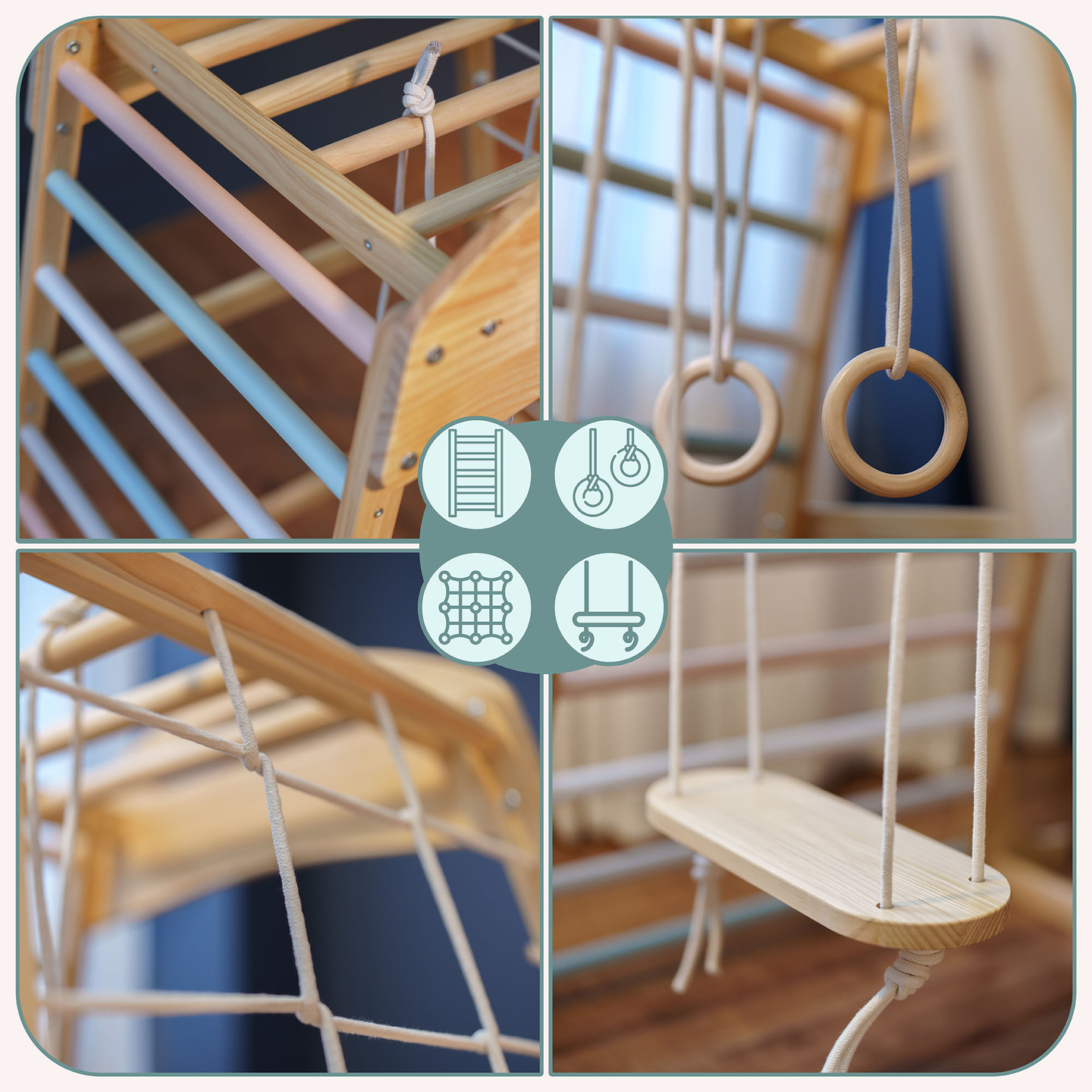 Дървена закрита детска площадка с люлка, гимнастически халки и мрежа за катерене