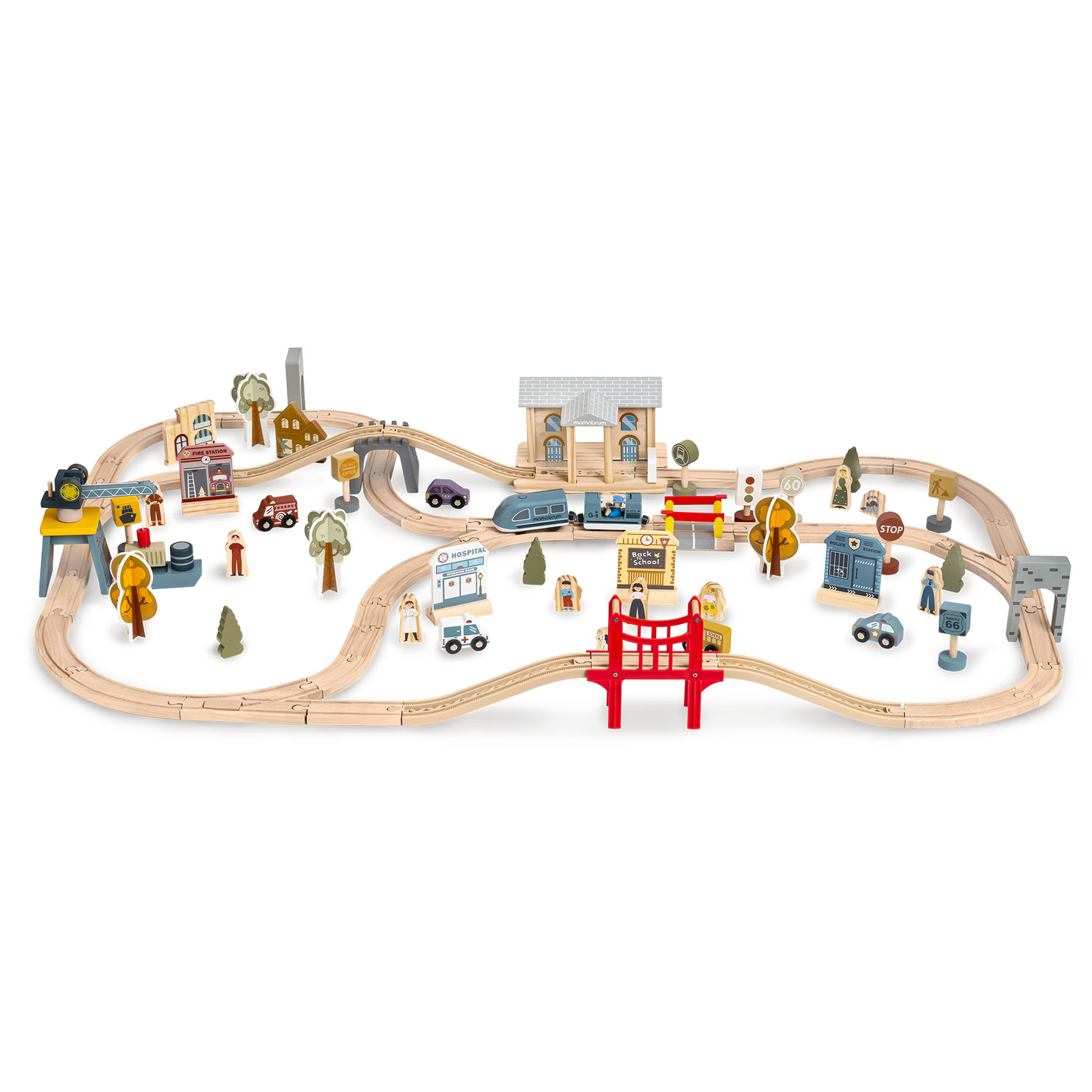 Дървена градска железница с електрически влак - движещ се кран, кораб, мостове