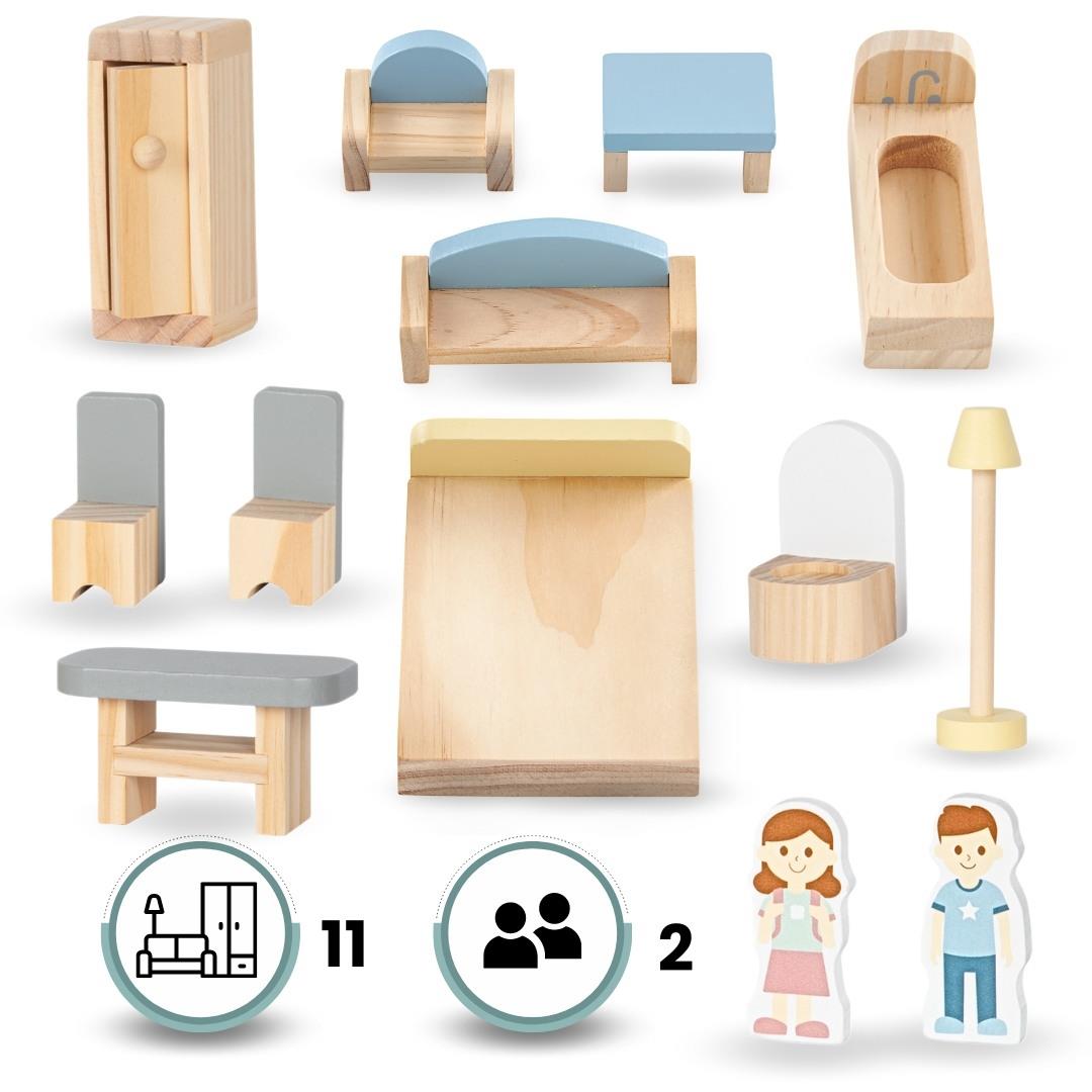 Бяла дървена къща за кукли с тераса и аксесоари