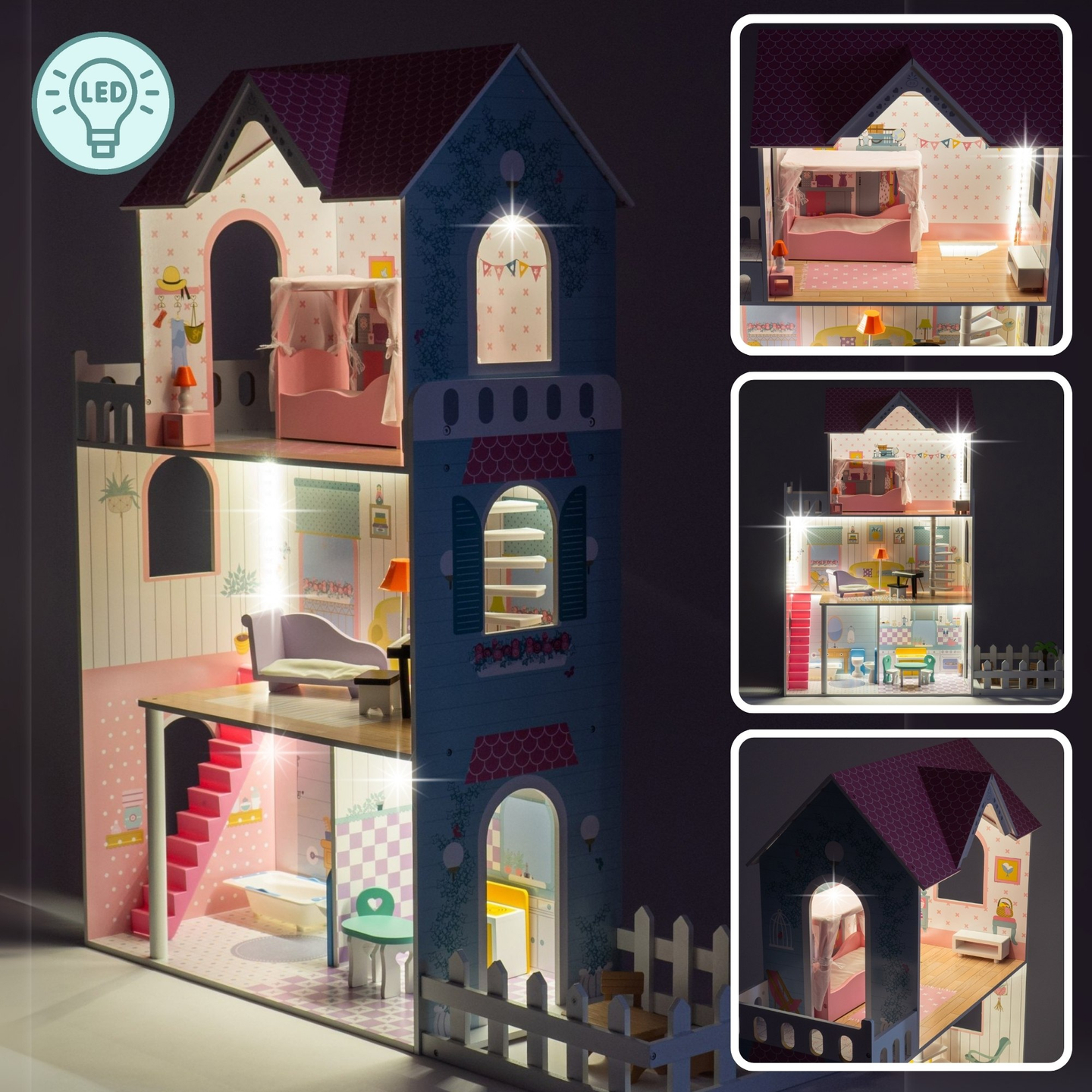 XXL Най-голямата дървена къща за кукли - 123 см - LED осветление - тераса, аксесоари, градина