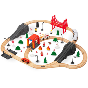 Дървен влак, влак на батерии - пожарна, релси, коли, мостове, бариера