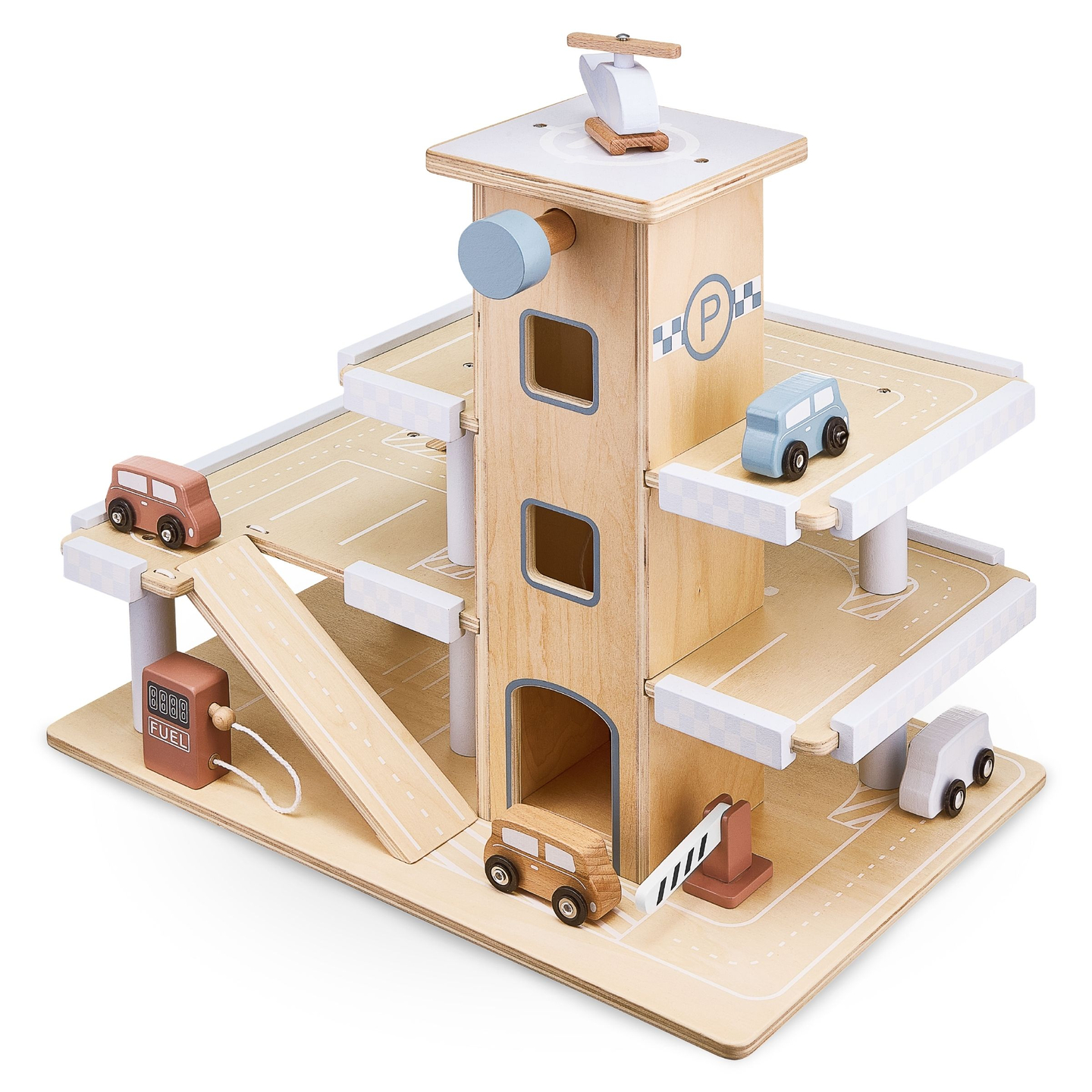 Дървен триетажен паркинг с асансьор - гараж за автомобили и хеликоптер