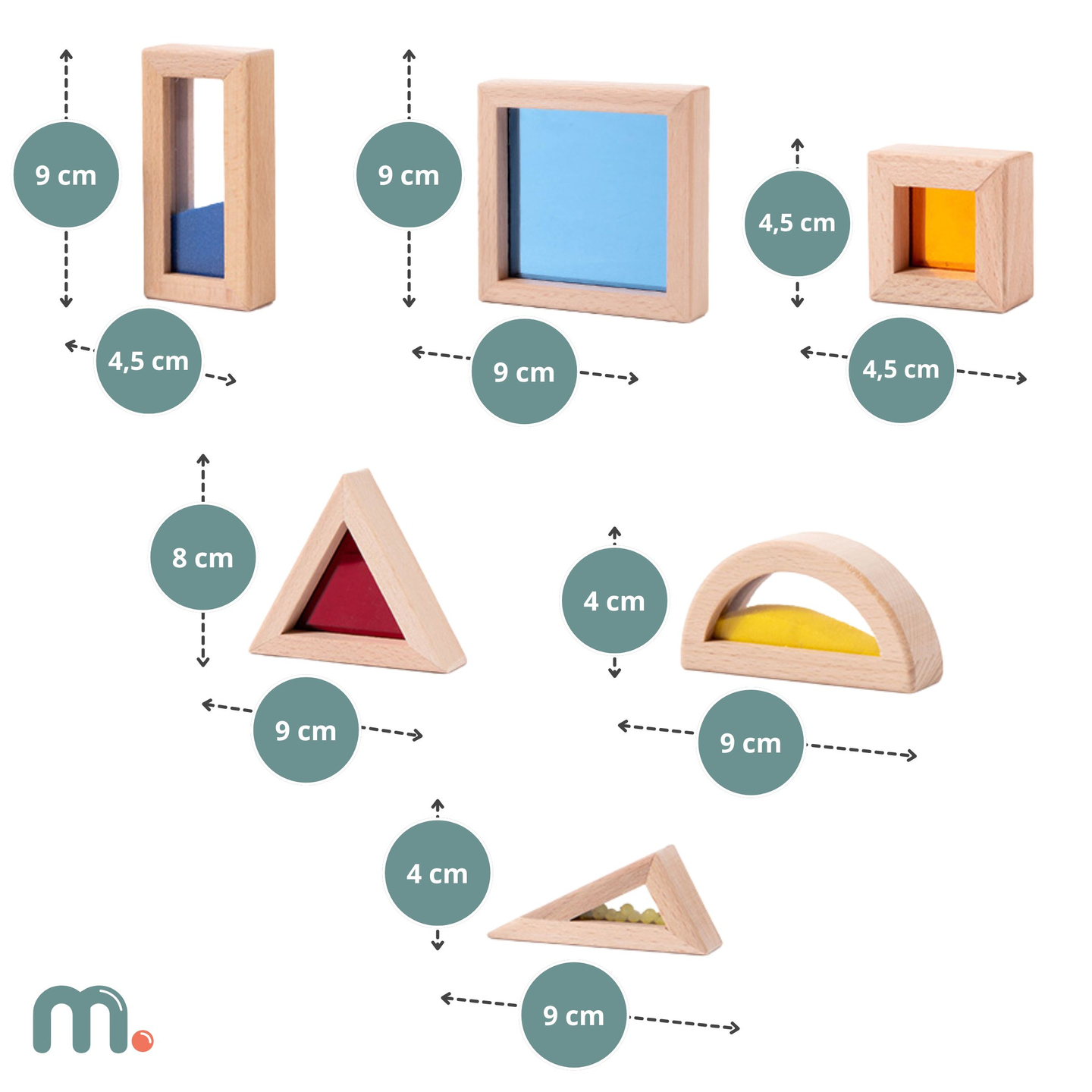 Комплект дървени сензорни блокчета с различни пълнежи - 15 части