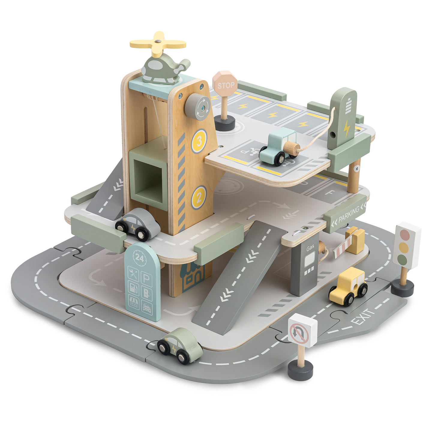 Дървен, триетажен гараж за деца с аксесоари – паркинг, бензиностанция, автомивка, хеликоптер