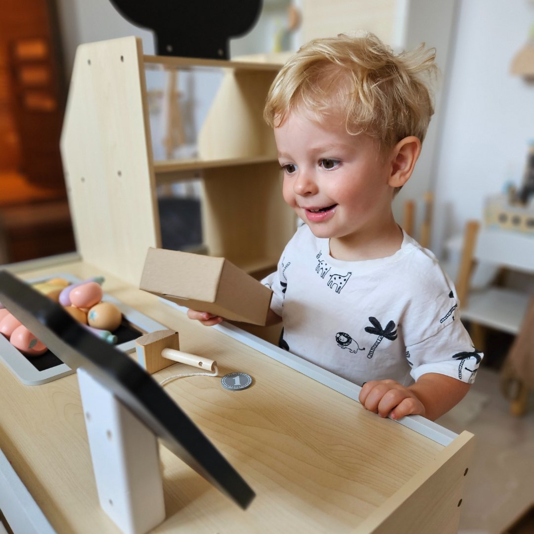 Дървен зеленчуков пазар - голям XXL щанд, магазин с игрален касов апарат