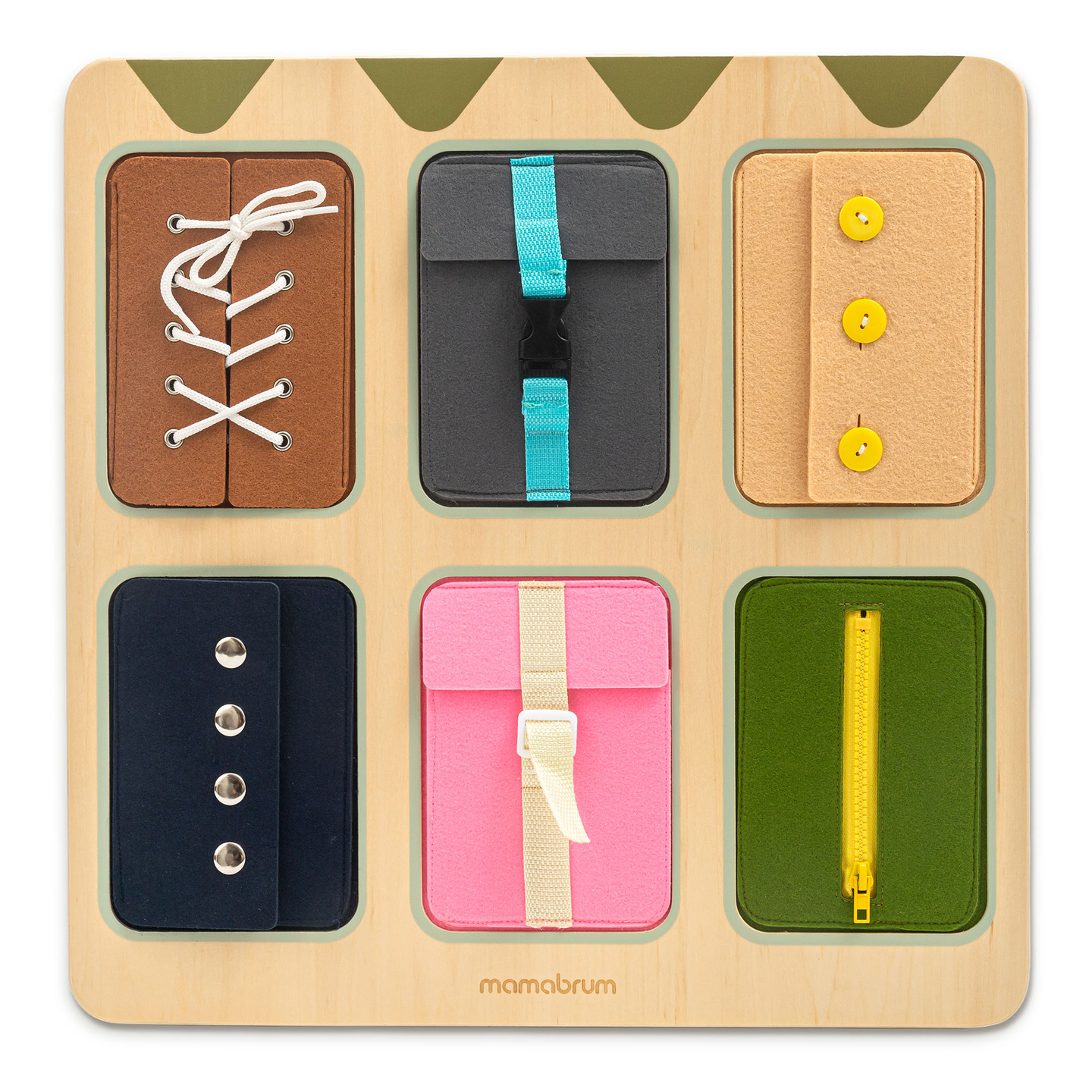 Дървена Монтесори манипулативна дъска – Сензорно обучение за самостоятелност - връзки, катарами, копчета, тик-так закопчалки, цип