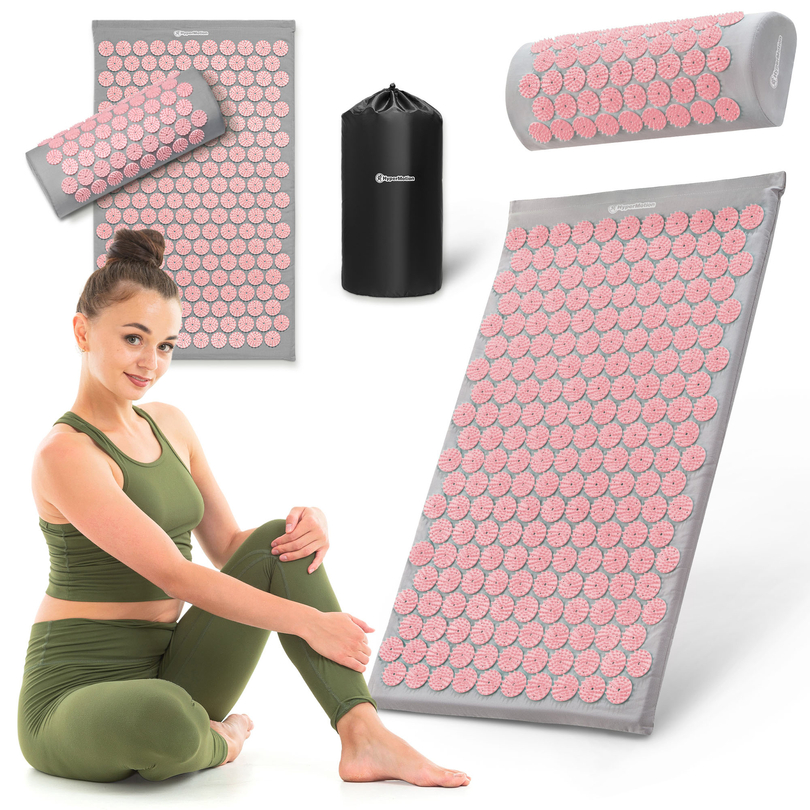 Акупресурна постелка с възглавница и калъф - 72 см HyperMotion сиво и розово