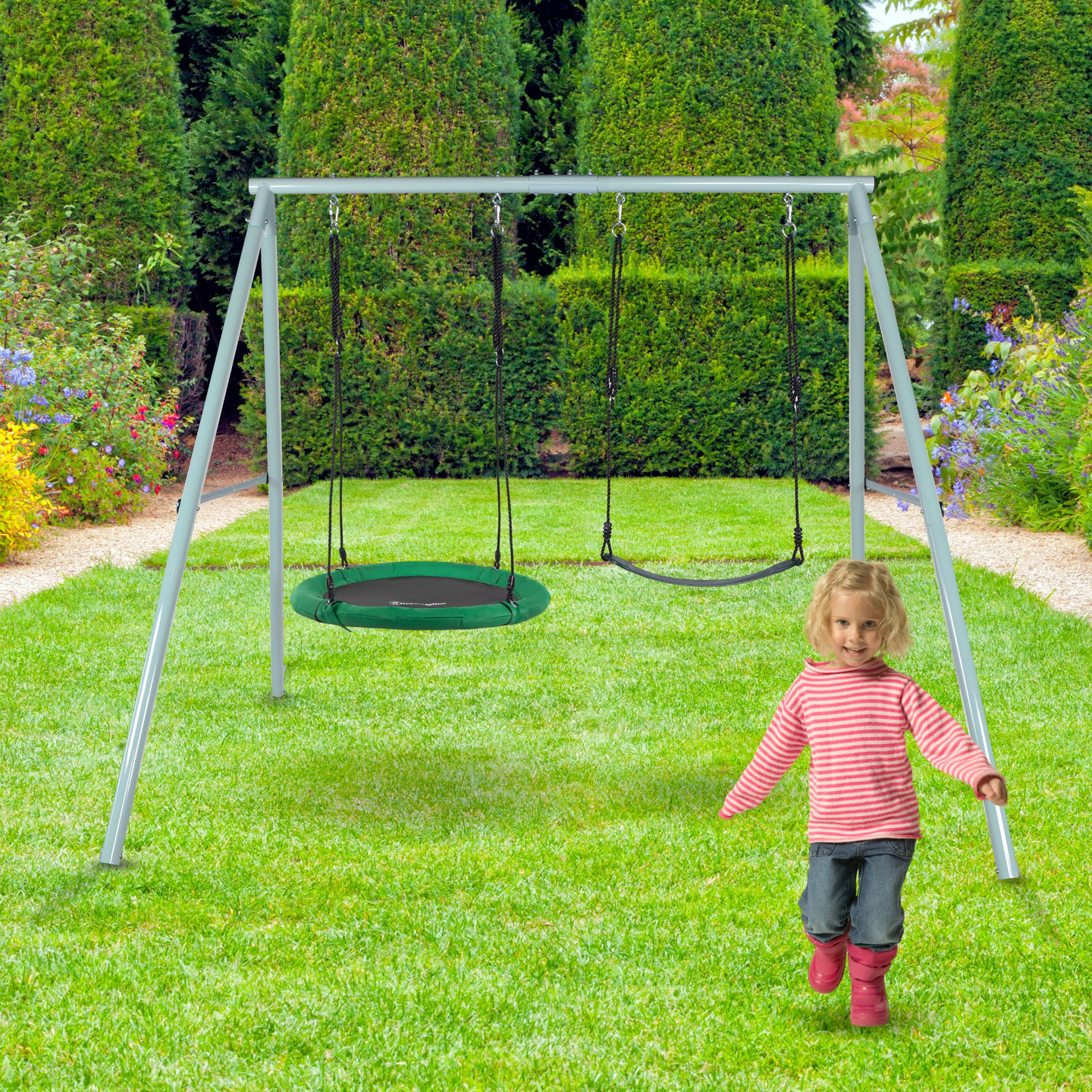 Двойна градинска люлка с рамка и въжета - седалка и щъркелово гнездо