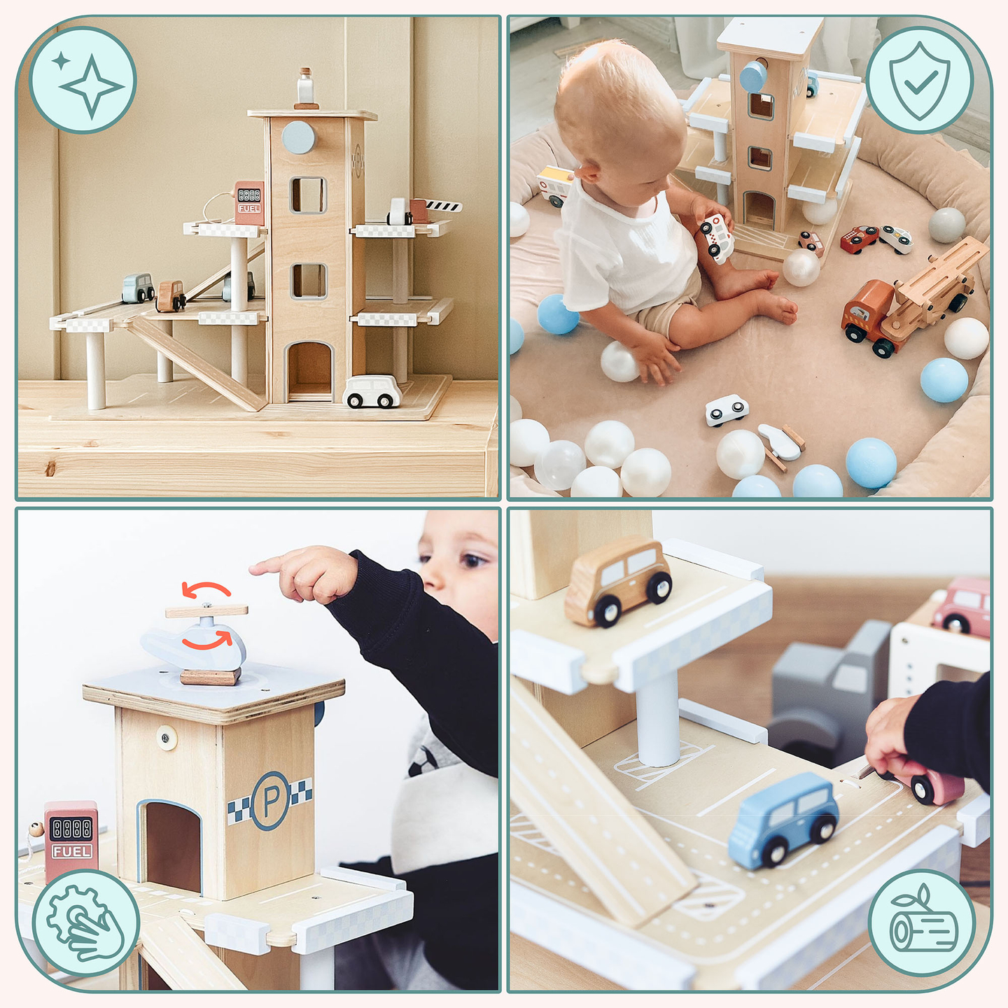 Дървен триетажен паркинг с асансьор - гараж за автомобили и хеликоптер