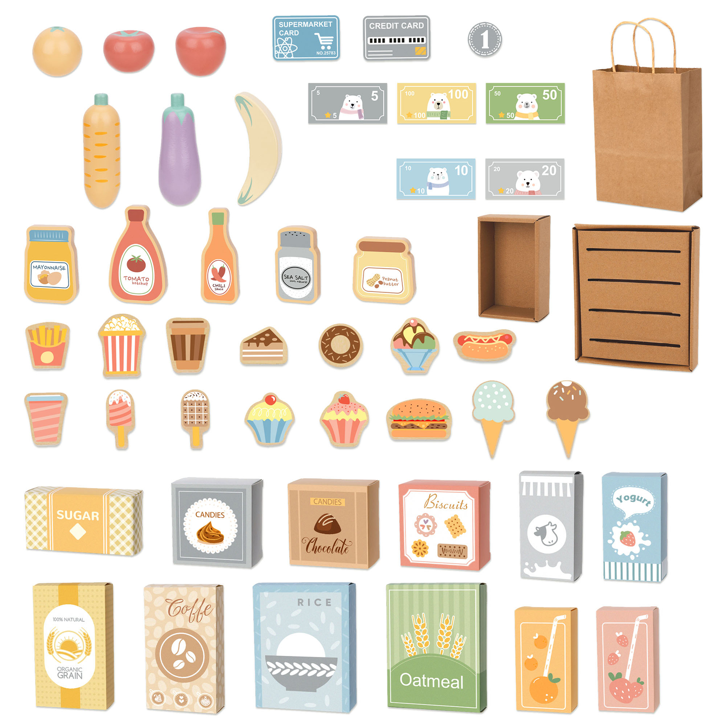 Голям дървен детски магазин с черна дъска - 91 части за забавление при пазаруване!