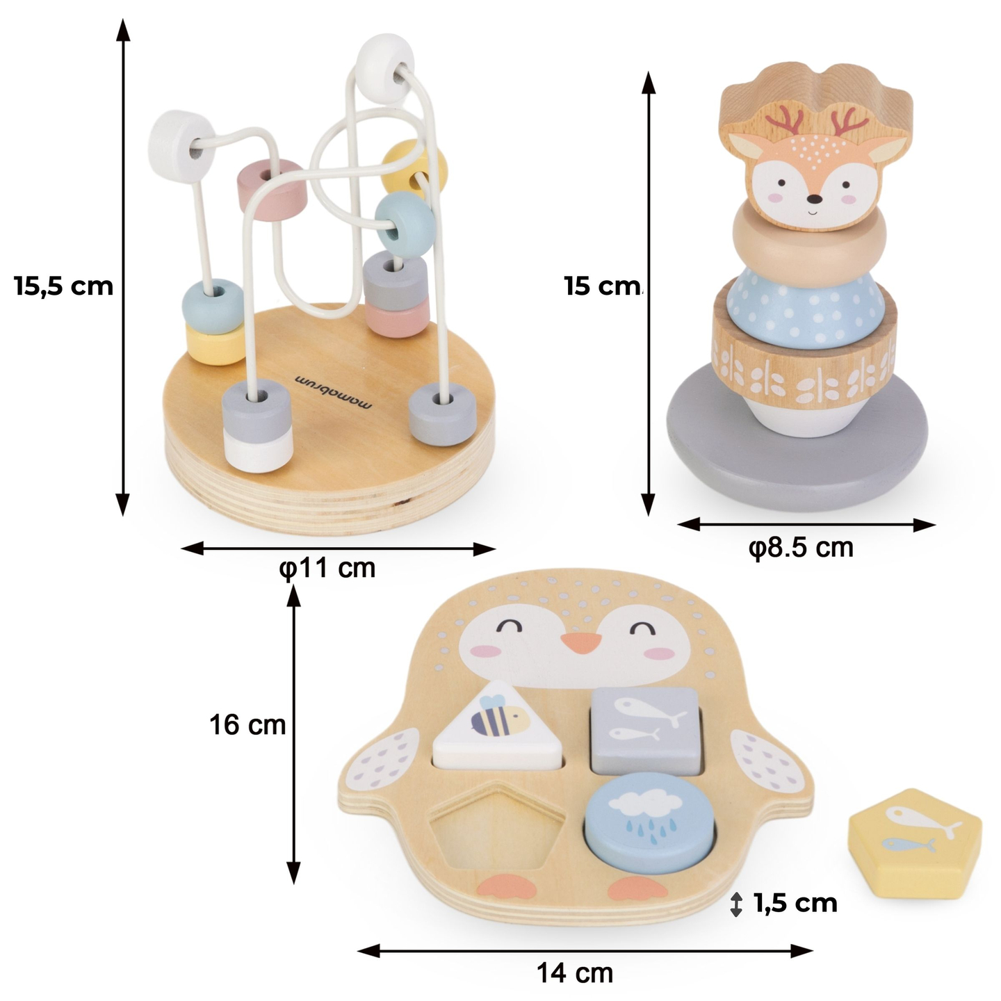 Комплект дървени играчки - цветно преплитане, пирамида "Елен", сортировчик "Пингвин
