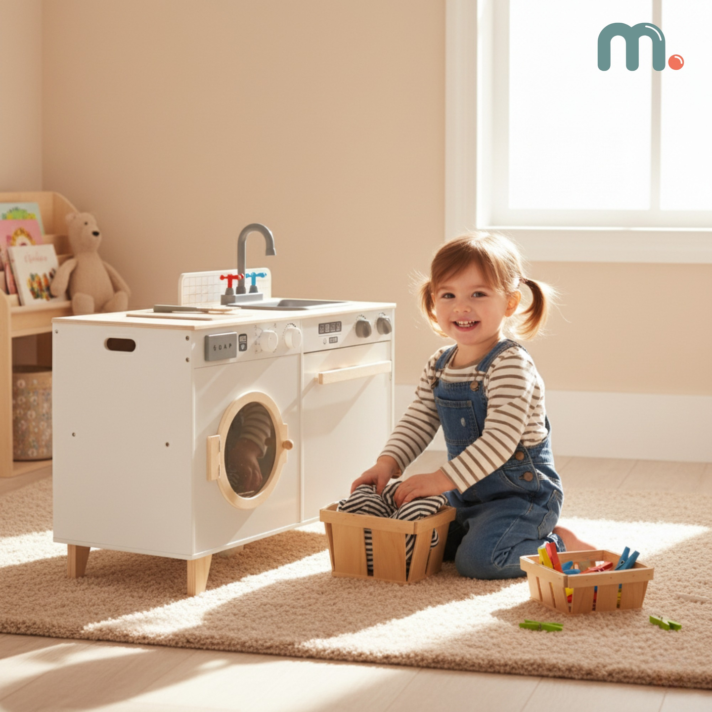 Дървени пералня и кухня - комплект за дома 2 в 1 за деца