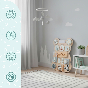 Дървена манипулативна дъска Монтесори с плюшено мече - сензорно обучение за самостоятелност: велкро, тапа, лабиринт, щракащо копче