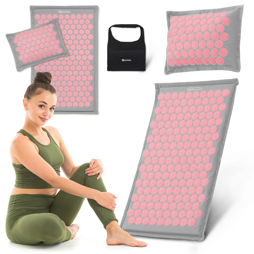 ЕКО ленена постелка за акупресура с кокосови влакна и възглавница от елда – 68 см HyperMotion сива и розова