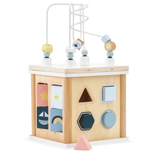 Дървен образователен куб с преплитане - сортер на форми