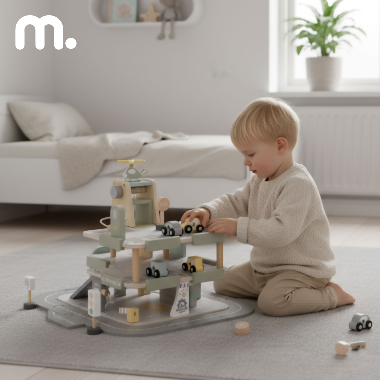 Дървен, триетажен гараж за деца с аксесоари – паркинг, бензиностанция, автомивка, хеликоптер