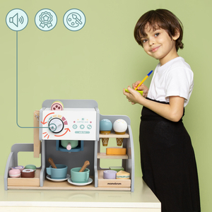 Голям дървен сладоледен салон с магнитна дъска, кафе машина и комплект за сладолед и десерти - над 70 части!