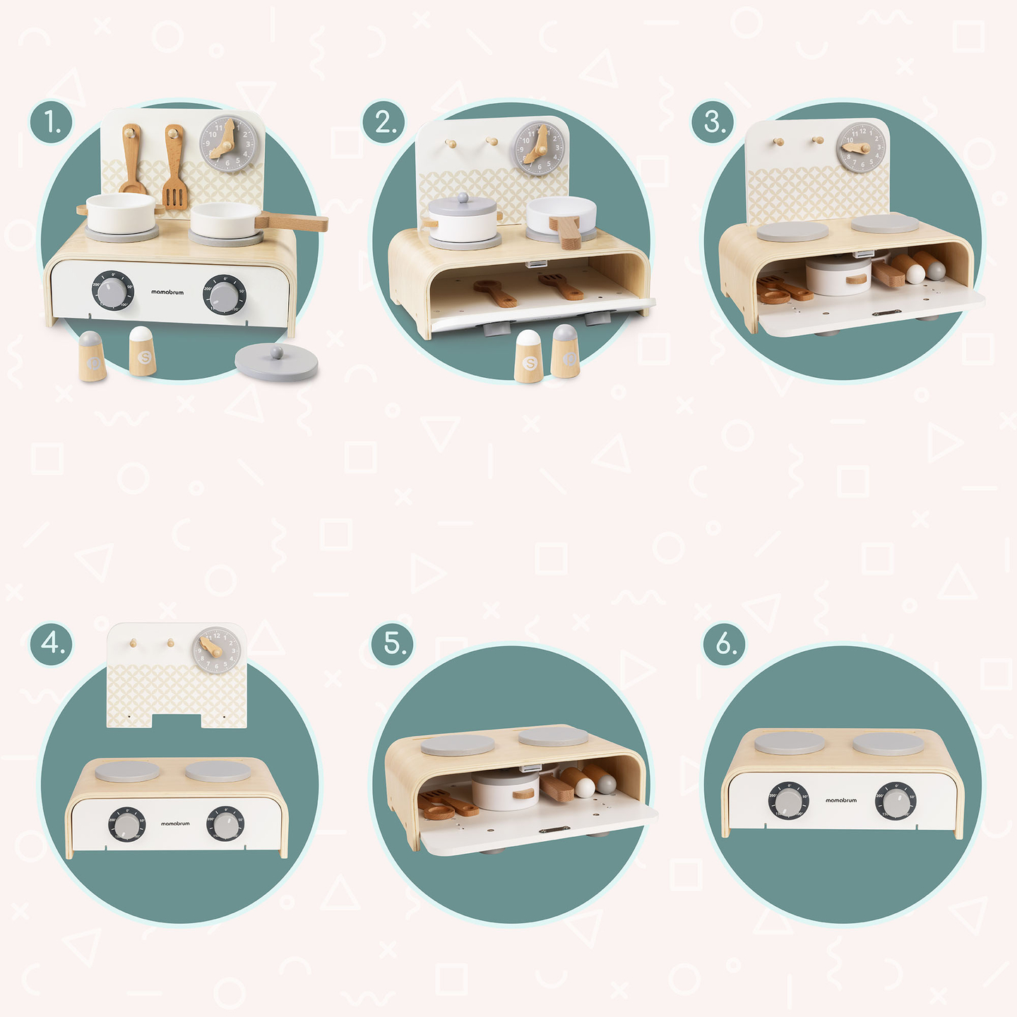 Дървена сгъваема кухня Mamabrum за деца - комплект с тенджери, кухненски аксесоари и място за съхранение