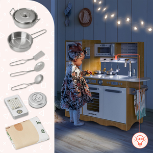 XXL дървена кухня с LED осветление, престилка и аксесоари