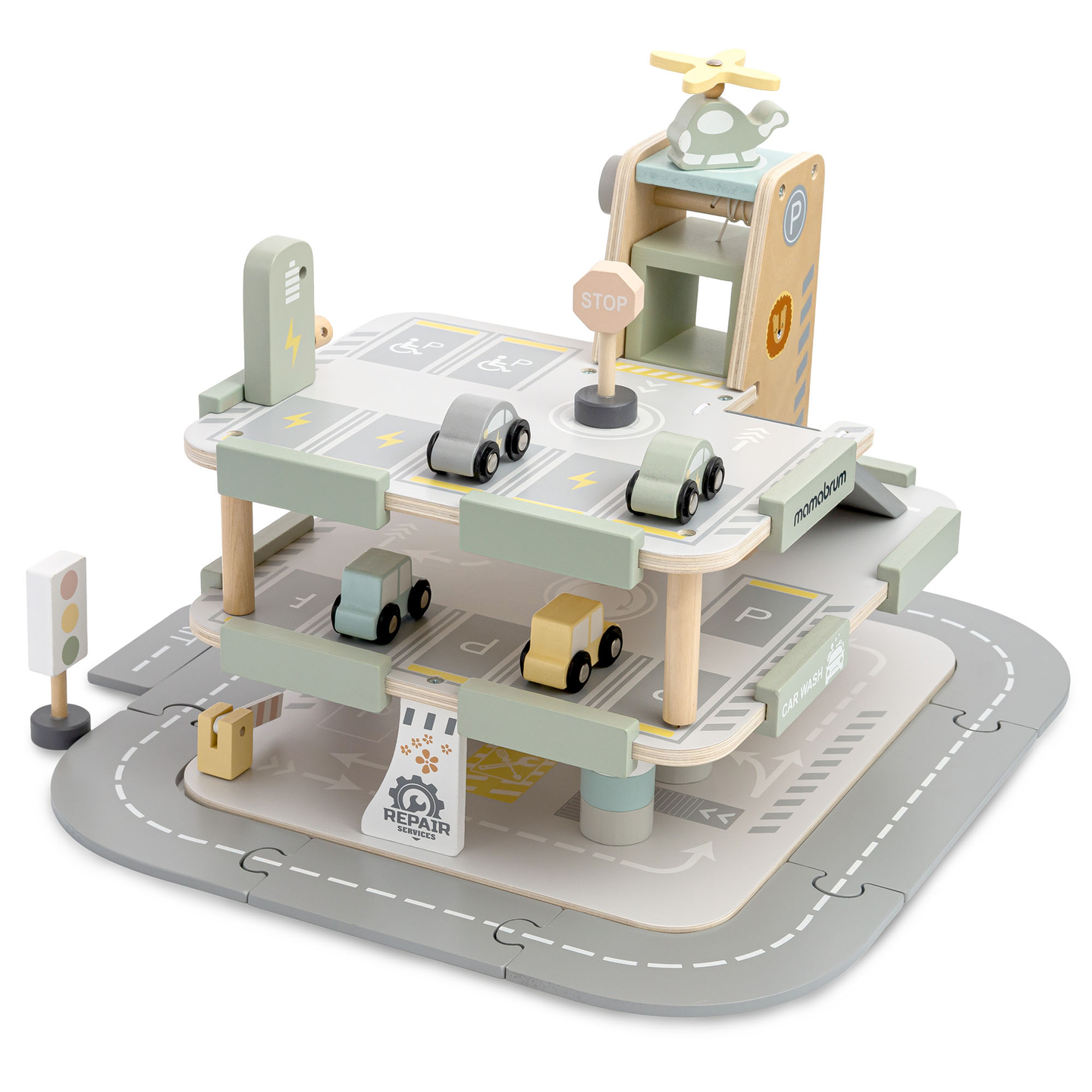 Дървен, триетажен гараж за деца с аксесоари – паркинг, бензиностанция, автомивка, хеликоптер