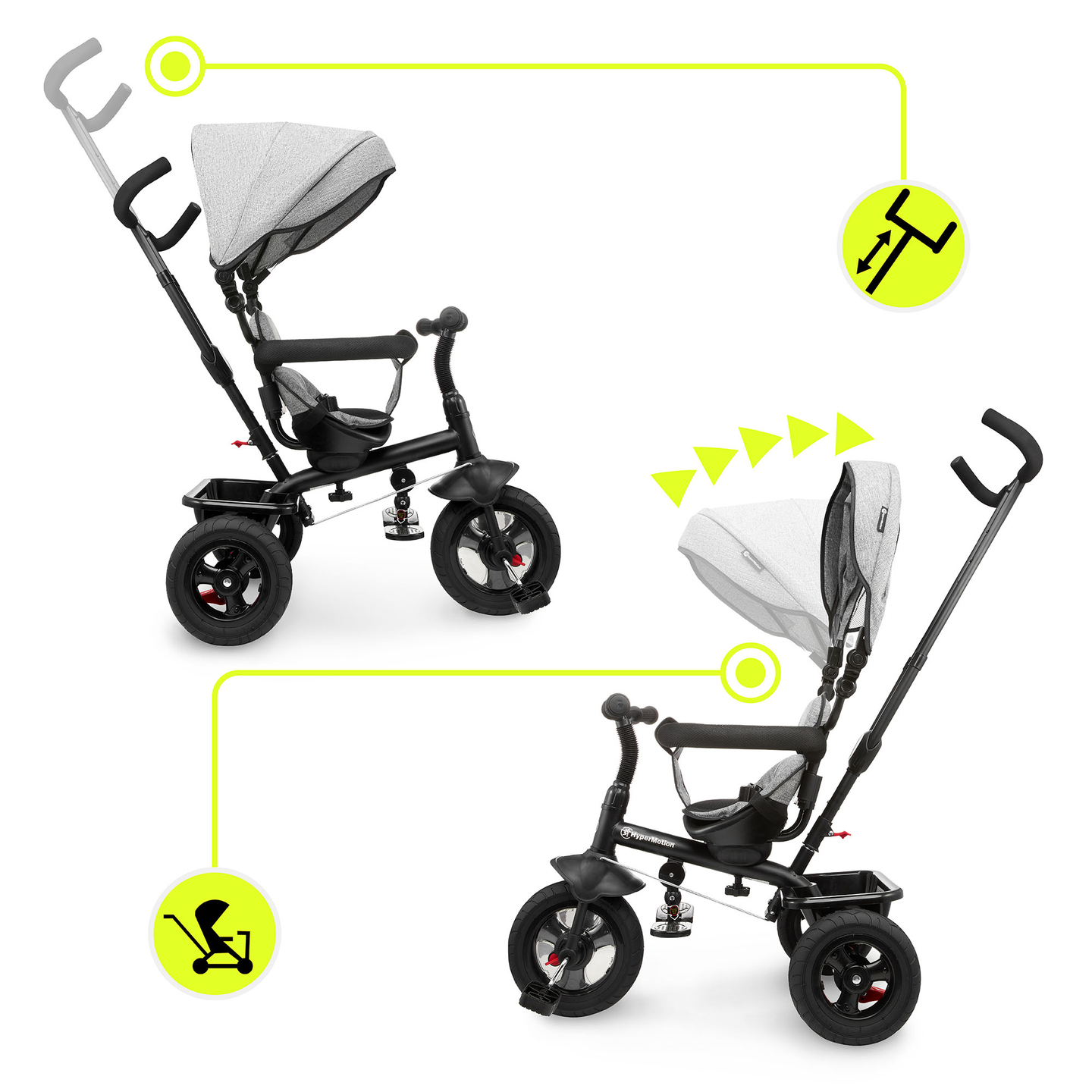 Триколка за деца от 1 до 4 години - TOBI FREY - сив цвят - въртяща се - помпени колела + бутало