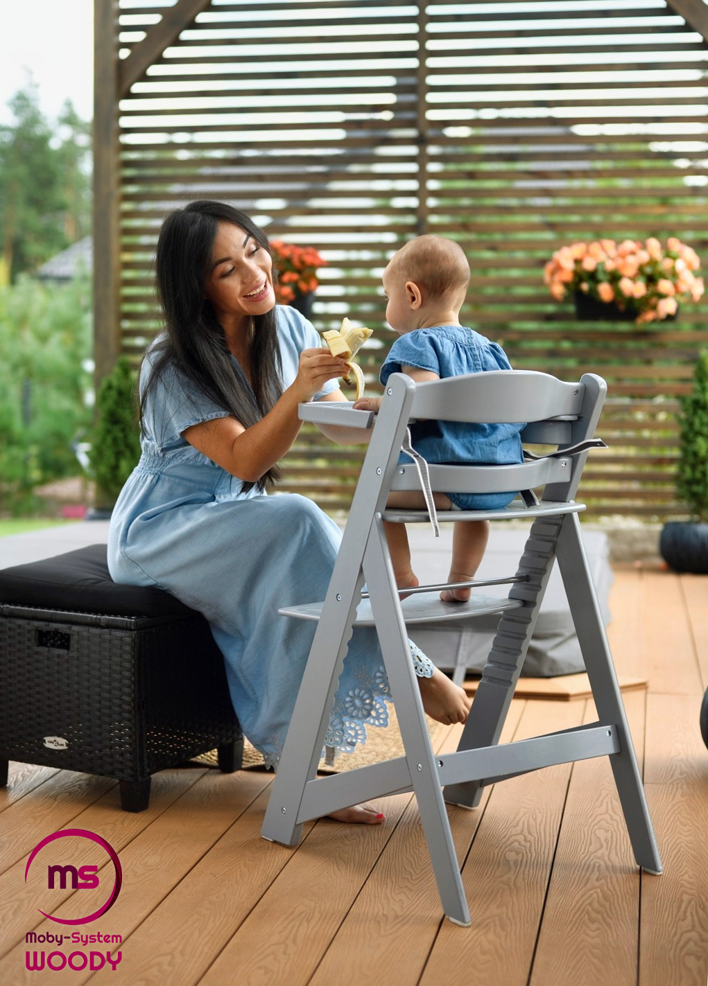 Дървен стол за хранене Moby-System WOODY - сив цвят