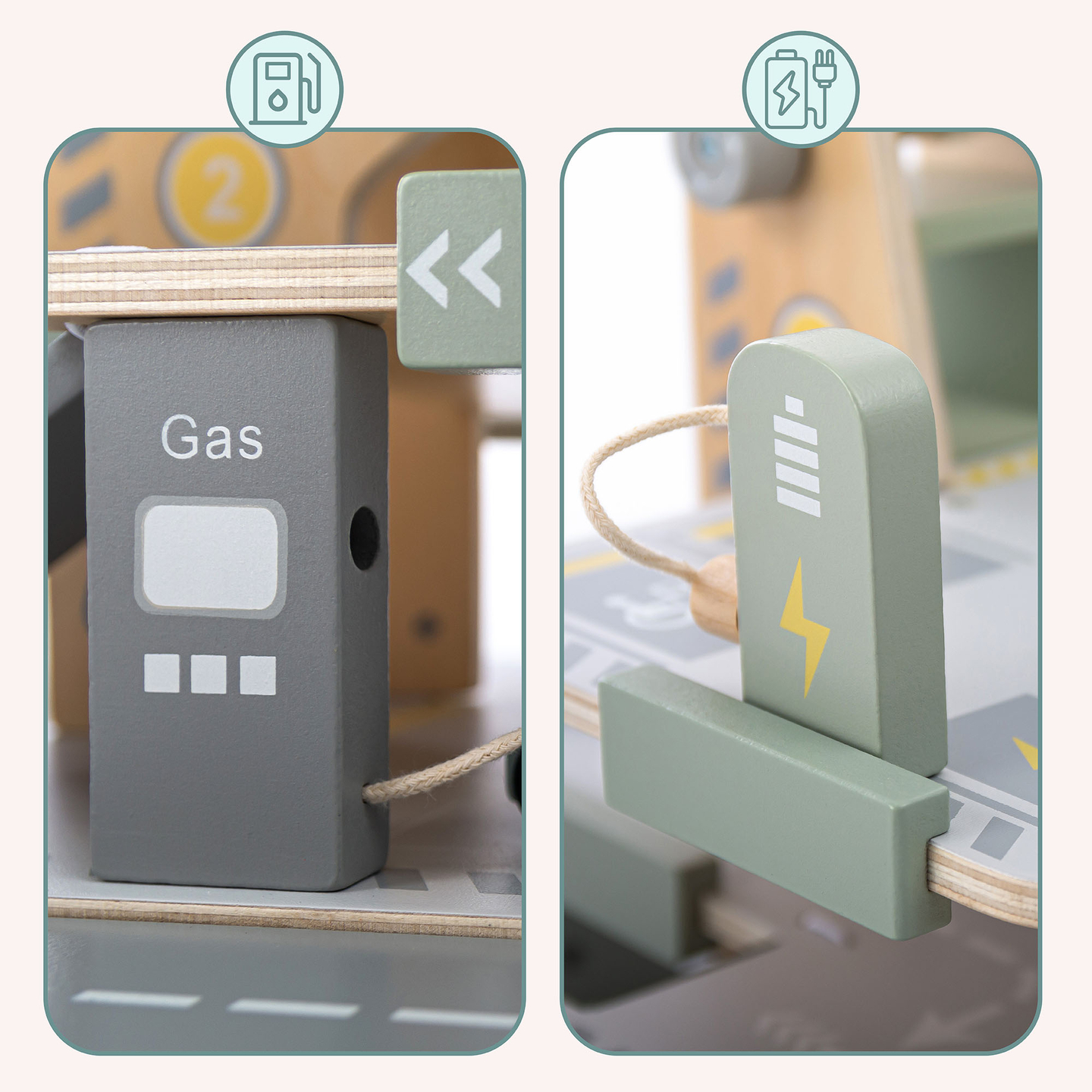 Дървен, триетажен гараж за деца с аксесоари – паркинг, бензиностанция, автомивка, хеликоптер