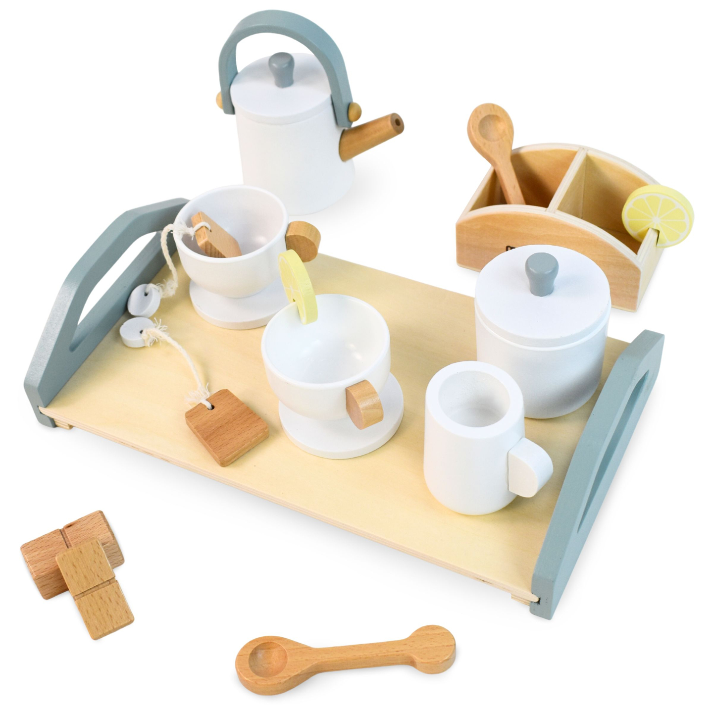Голям дървен комплект за чай с поднос - 17 артикула