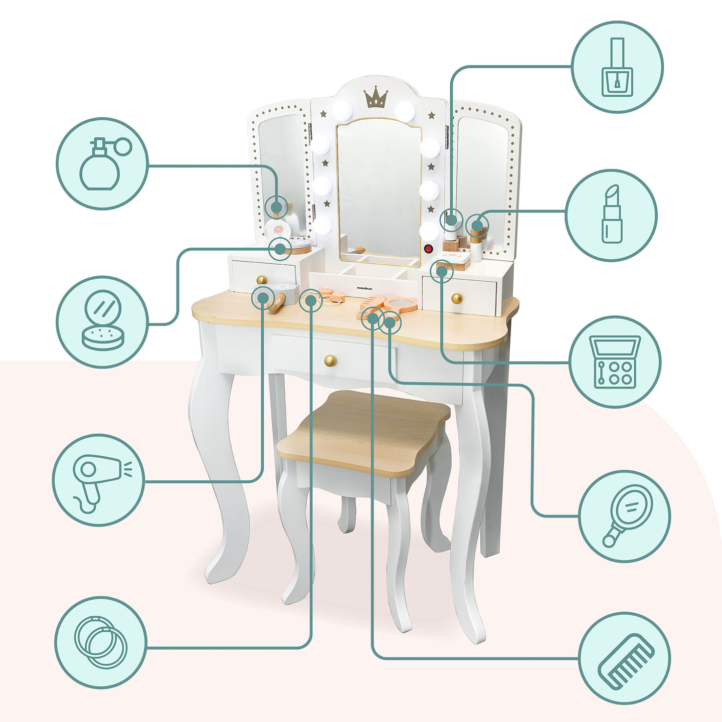 XXL дървена тоалетка със столче и LED осветление за деца + аксесоари