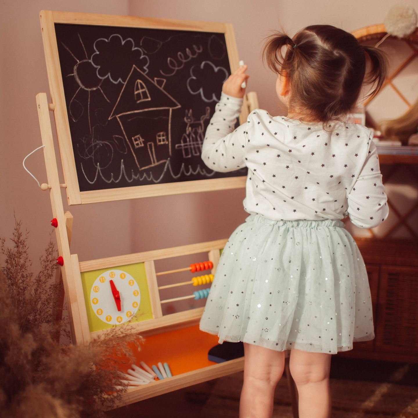 Голяма образователна двустранна дъска: магнитна и тебеширена - дъска за сухо изтриване, дървена