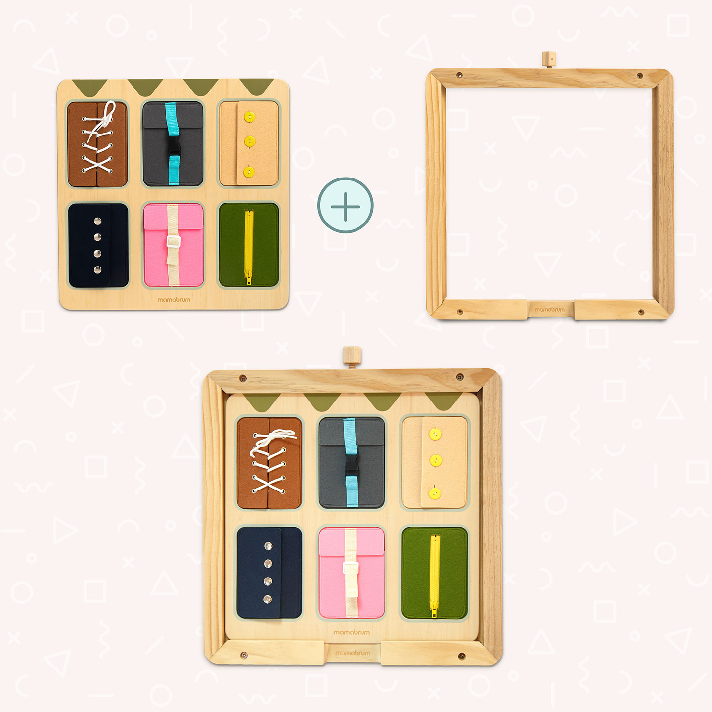 Дървена Монтесори манипулативна дъска – Сензорно обучение за самостоятелност - връзки, катарами, копчета, тик-так закопчалки, цип