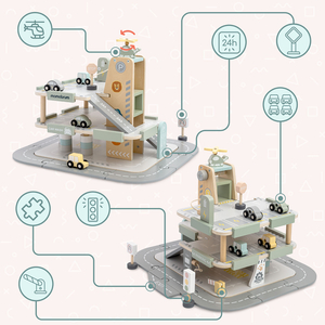 Дървен, триетажен гараж за деца с аксесоари – паркинг, бензиностанция, автомивка, хеликоптер